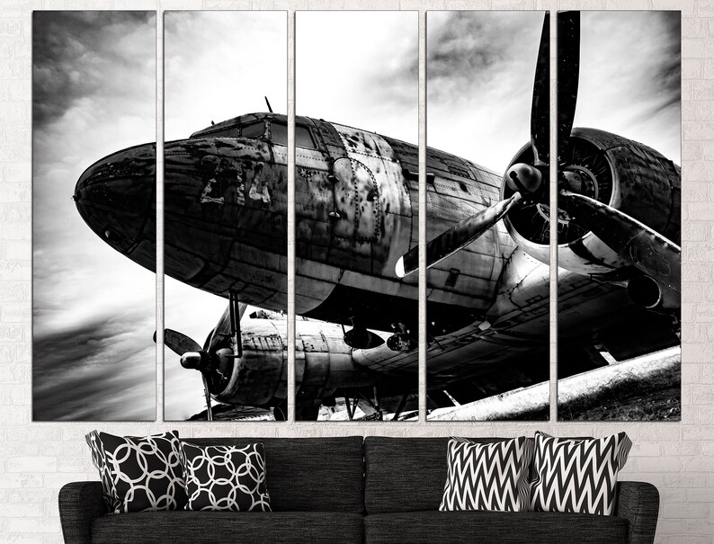 May include: Black and white photo of a vintage airplane with a propeller. The airplane is weathered and has a rustic look. The photo is split into five sections.