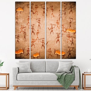 May include: A multi-panel canvas print depicting a cave painting of stick figures hunting animals. The figures are brown and the animals are orange. The background is a textured brown.