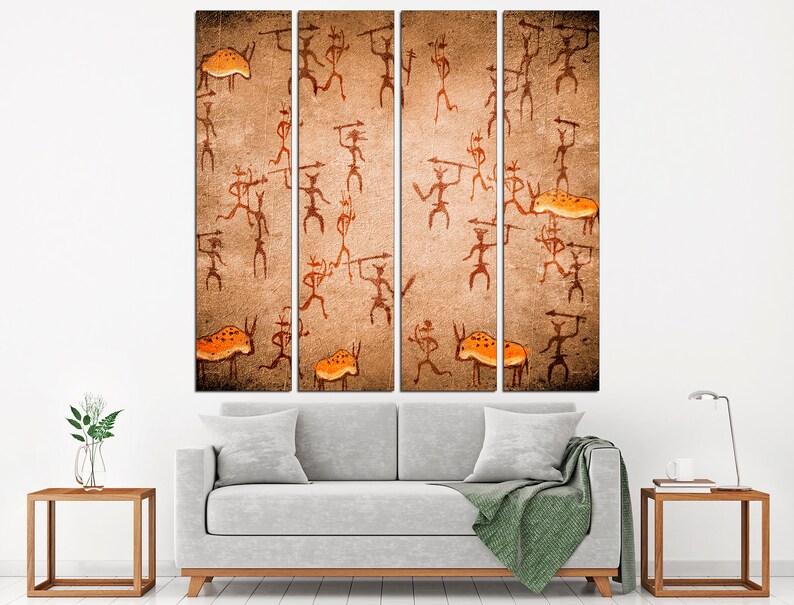 May include: A multi-panel canvas print depicting a cave painting of stick figures hunting animals. The figures are brown and the animals are orange. The background is a textured brown.