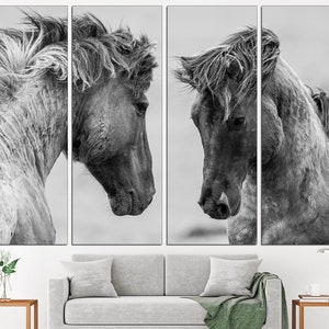 May include: A black and white photograph of two horses facing each other. The horses have long manes and tails, and their heads are lowered as if they are about to touch noses.