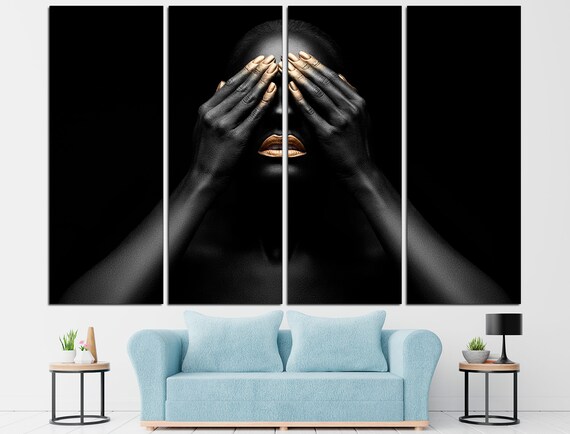 Gold african women Gold wall art African lady Bedroom art for girl Black and gold Modern african art