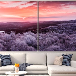 May include: A panoramic view of a winter forest at sunrise. The trees are covered in frost and the sky is a vibrant pink and orange.