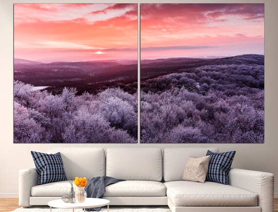 Sunset mountain Winter landscape Sunset mountain art Winter forest Mountain decor Nordic mountain