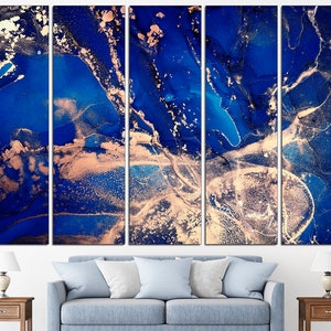 Blue wall art 5 panel canvas Blue wall decor, Large canvas art Blue abstract print Marble wall decor