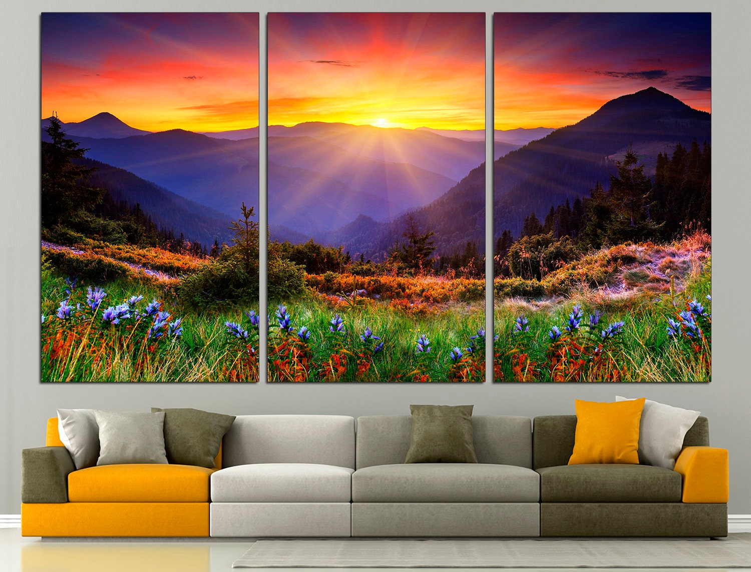 Sunset Mountain Modern Art Wall Decor for Living Room/Bedroom, Hill Natural  Handscape Orange Blue Sky Large Canvas Art Painting Framed Ready to Hang