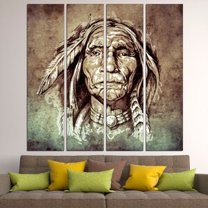 May include: A sepia-toned artwork depicting a Native American chief, divided into four panels. The portrait features detailed facial features, a feathered headdress, and traditional jewelry. The background has a textured, aged appearance, enhancing the vintage aesthetic.