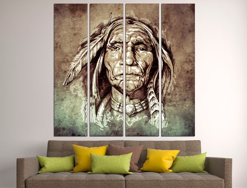 May include: A sepia-toned artwork depicting a Native American chief, divided into four panels. The portrait features detailed facial features, a feathered headdress, and traditional jewelry. The background has a textured, aged appearance, enhancing the vintage aesthetic.