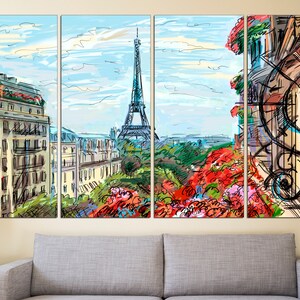 May include: A multi-panel canvas print featuring a colorful, hand-drawn illustration of the Eiffel Tower in Paris, France. The artwork depicts a Parisian street scene with buildings, trees, and flowers.