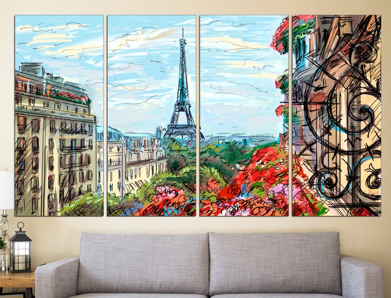 May include: A multi-panel canvas print featuring a colorful, hand-drawn illustration of the Eiffel Tower in Paris, France. The artwork depicts a Parisian street scene with buildings, trees, and flowers.