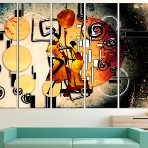 May include: Abstract art print featuring three stylised figures in orange, yellow, and red against a background of swirling black lines, circles, and squares.