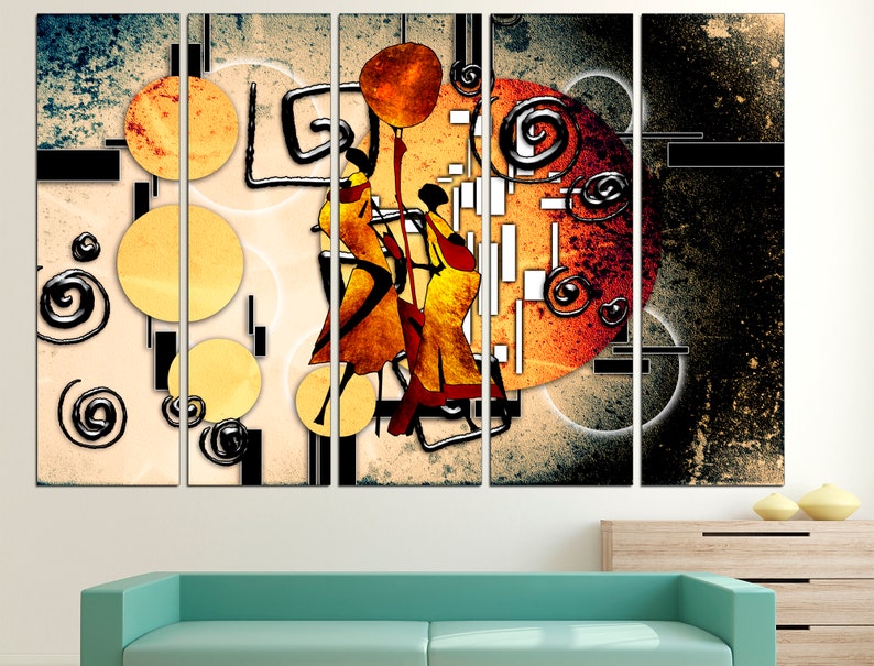 May include: Abstract art print featuring three stylised figures in orange, yellow, and red against a background of swirling black lines, circles, and squares.