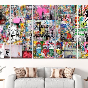 May include: A colorful multi-panel canvas art print featuring a collage of images, including a woman with a heart, a Mickey Mouse and Minnie Mouse cartoon, and the words "life is beautiful".