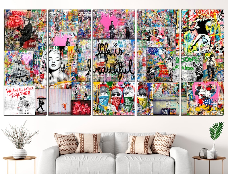 May include: A colorful multi-panel canvas art print featuring a collage of images, including a woman with a heart, a Mickey Mouse and Minnie Mouse cartoon, and the words "life is beautiful".