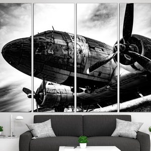 May include: A black and white photo of a vintage airplane with a propeller. The airplane is weathered and has a rustic look. The photo is split into three panels.