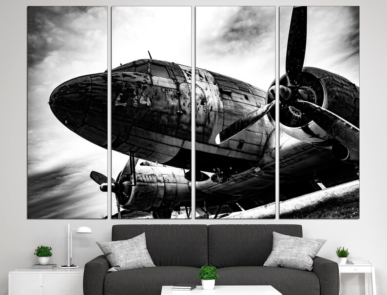 May include: A black and white photo of a vintage airplane with a propeller. The airplane is weathered and has a rustic look. The photo is split into three panels.