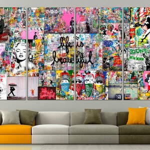 May include: A multi-panel canvas art print featuring a collage of colorful images, including a woman's face, Mickey Mouse, and the words "Life is beautiful".