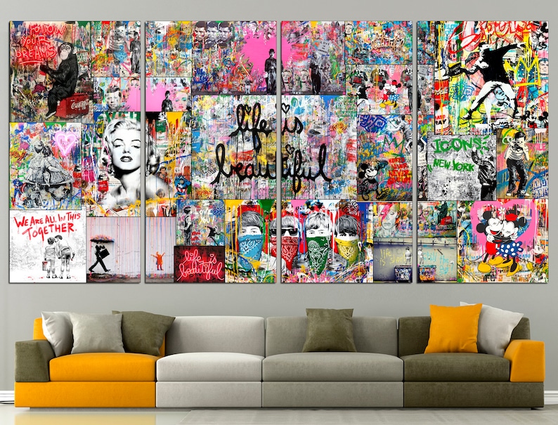 May include: A multi-panel canvas art print featuring a collage of colorful images, including a woman's face, Mickey Mouse, and the words "Life is beautiful".