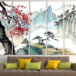 May include: A five-panel canvas print depicting a traditional Japanese landscape painting. The painting features a mountain range with a misty background, a blooming cherry blossom tree, and pine trees. The colors are primarily black, white, and shades of blue and green.