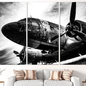 May include: A black and white photograph of a vintage airplane with a propeller. The airplane is weathered and has a rustic look. The photo is split into three panels.