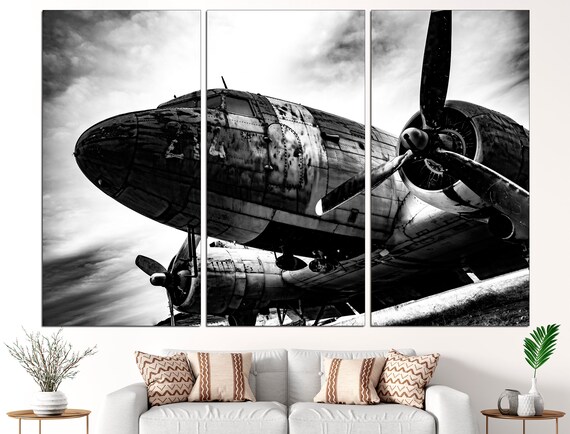 Airplane canvas Black white print Aviation wall art Airplane decor Large canvas art Wall decor canvas