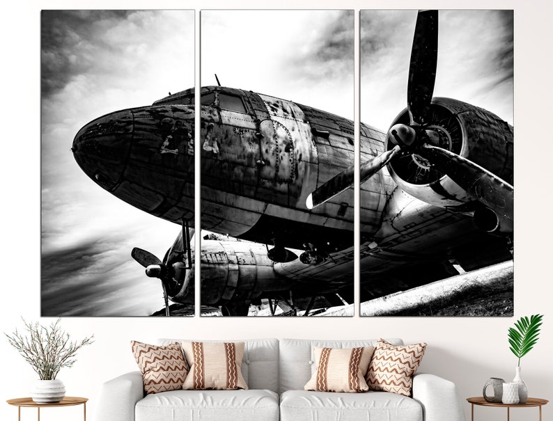 May include: A black and white photograph of a vintage airplane with a propeller. The airplane is weathered and has a rustic look. The photo is split into three panels.