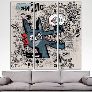 May include: A multi-panel wall art print featuring a cartoon wolf with a blue body, red and black accents, and a white background. The wolf is surrounded by various doodles and text, including the words "W121c" and "HONEY TRAINED DANGER".