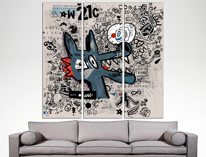 May include: A multi-panel wall art print featuring a cartoon wolf with a blue body, red and black accents, and a white background. The wolf is surrounded by various doodles and text, including the words "W121c" and "HONEY TRAINED DANGER".