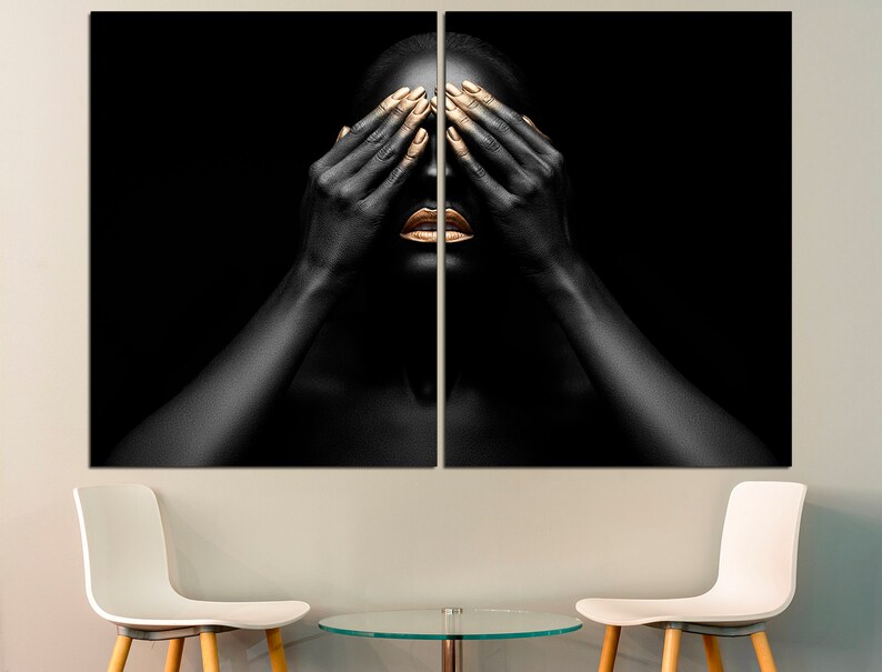 May include: A black and gold portrait of a person with their hands covering their eyes. The person's lips are painted gold.