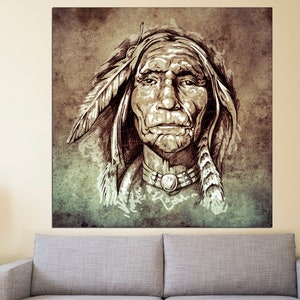 May include: A canvas print featuring a sepia-toned portrait of a Native American man. The artwork showcases detailed facial features, a feathered headdress, and a beaded necklace. The background has a textured, aged appearance, adding to the vintage aesthetic.