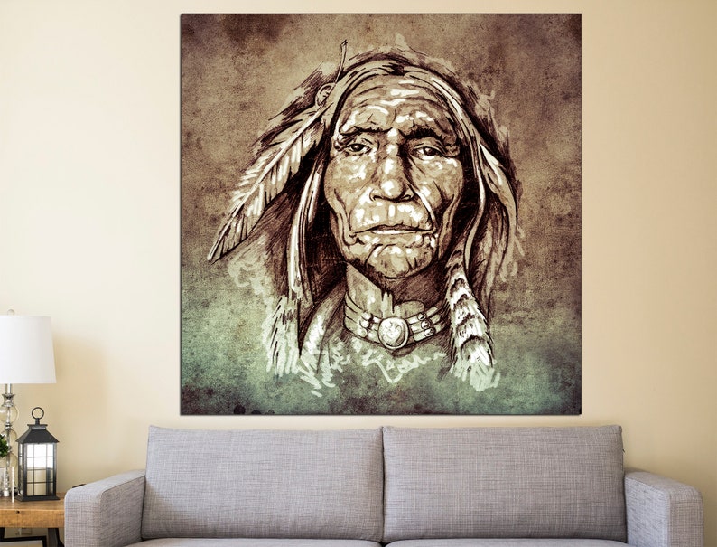 May include: A canvas print featuring a sepia-toned portrait of a Native American man. The artwork showcases detailed facial features, a feathered headdress, and a beaded necklace. The background has a textured, aged appearance, adding to the vintage aesthetic.