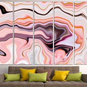 May include: Abstract wall art print with a pink, white, and black marbled design. The print is divided into five panels.