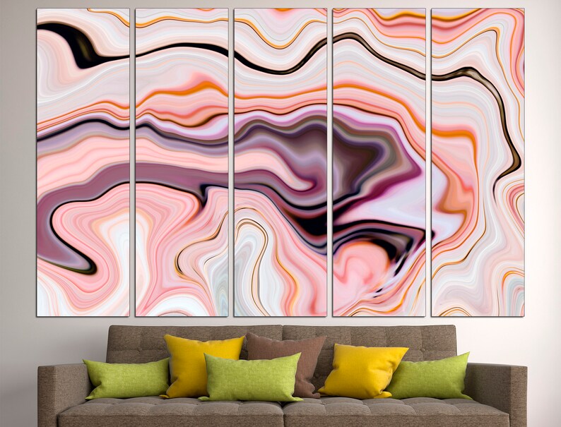 May include: Abstract wall art print with a pink, white, and black marbled design. The print is divided into five panels.