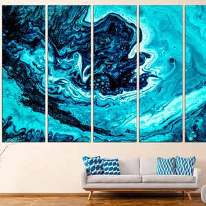 May include: Abstract art print with a blue and black swirling pattern. The print is divided into six panels, creating a multi-panel wall art piece.