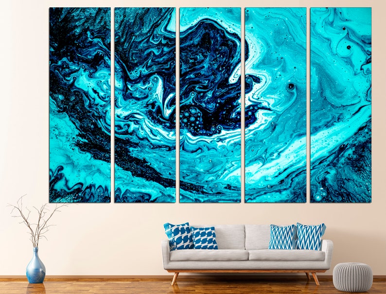 May include: Abstract art print with a blue and black swirling pattern. The print is divided into six panels, creating a multi-panel wall art piece.