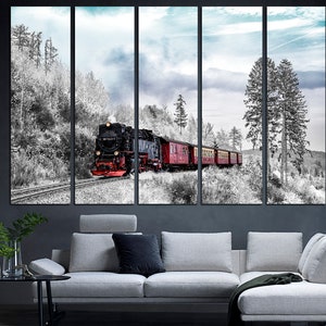 May include: A five-panel wall art print featuring a vintage steam train traveling through a snowy forest. The train is black and red, with the forest in black and white. The sky is a light blue with some clouds.