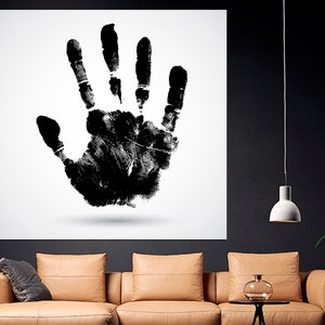 May include: Black and white abstract art print of a handprint on a white background.