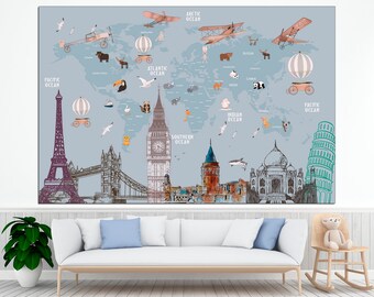 Animal World Map Canvas Print, Kids Room Decor, Large Wall Art