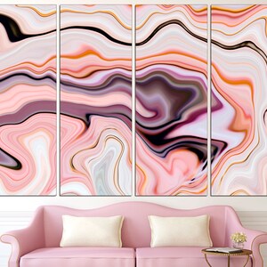 May include: Abstract art print with a pink, white, and orange marble pattern. The print is divided into four panels.