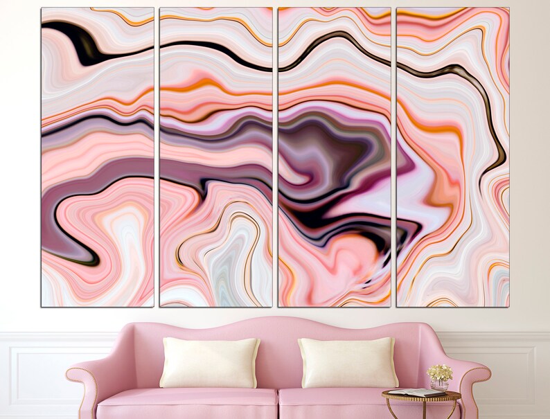 May include: Abstract art print with a pink, white, and orange marble pattern. The print is divided into four panels.