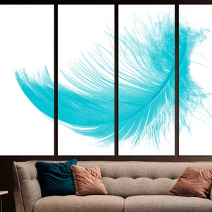 May include: A turquoise blue feather on a white background. The feather is spread out and appears to be floating in the air. The image is split into three panels.
