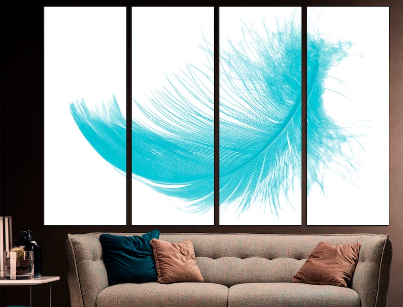May include: A turquoise blue feather on a white background. The feather is spread out and appears to be floating in the air. The image is split into three panels.