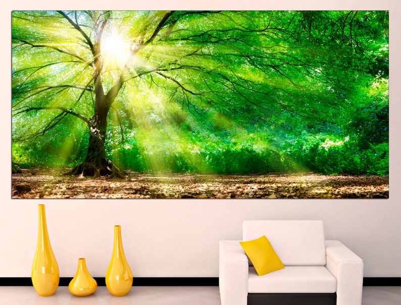 May include: A large canvas print depicting a verdant forest with a solitary tree in the centre. Sunlight beams through the foliage, creating a bright and airy ambience.
