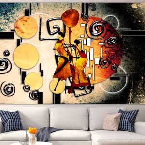May include: Abstract art print featuring three stylised figures in orange and yellow against a background of black, white and orange circles and swirls.