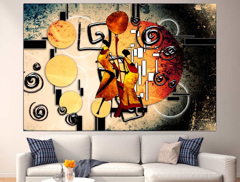 May include: Abstract art print featuring three stylised figures in orange and yellow against a background of black, white and orange circles and swirls.