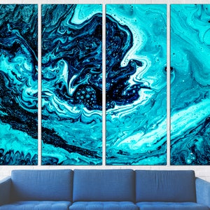 May include: Abstract art print featuring a swirling pattern of blue and white paint. The print is divided into five panels, creating a dynamic and modern look.