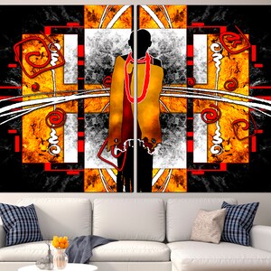 May include: Abstract wall art featuring a silhouetted figure draped in a yellow and red garment. The artwork has a geometric design with orange, black, white, and red elements. The piece is displayed above a white sofa with decorative pillows.