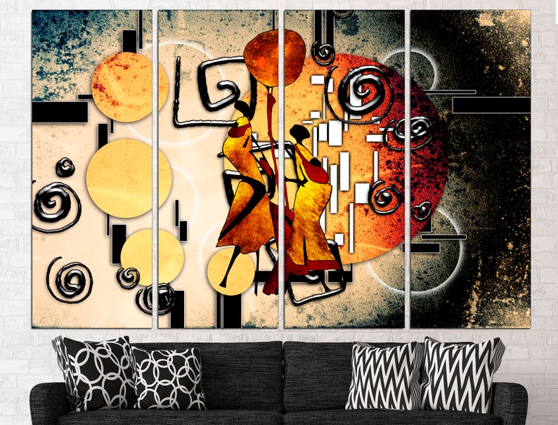 May include: Abstract art print featuring two stylised figures in yellow, orange, and red against a background of black, white, and orange circles and swirls.
