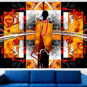 May include: Abstract art print featuring a silhouetted figure with a yellow and red garment, set against a backdrop of geometric shapes in black, white, and orange. The artwork has a modern, graphic style, with a bold color palette.