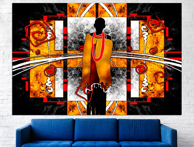 May include: Abstract art print featuring a silhouetted figure with a yellow and red garment, set against a backdrop of geometric shapes in black, white, and orange. The artwork has a modern, graphic style, with a bold color palette.