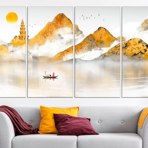 Asian wall art Chinese canvas art Vintage wall decor Chinese canvas Mountain wall art Chinese landscape